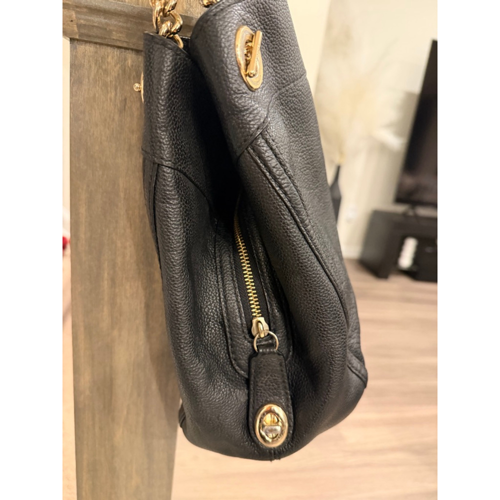 Womens Coach Black Leather Chain Satchel Shoulder Bag Gold Hardware Designer Lux - Picture 8 of 10